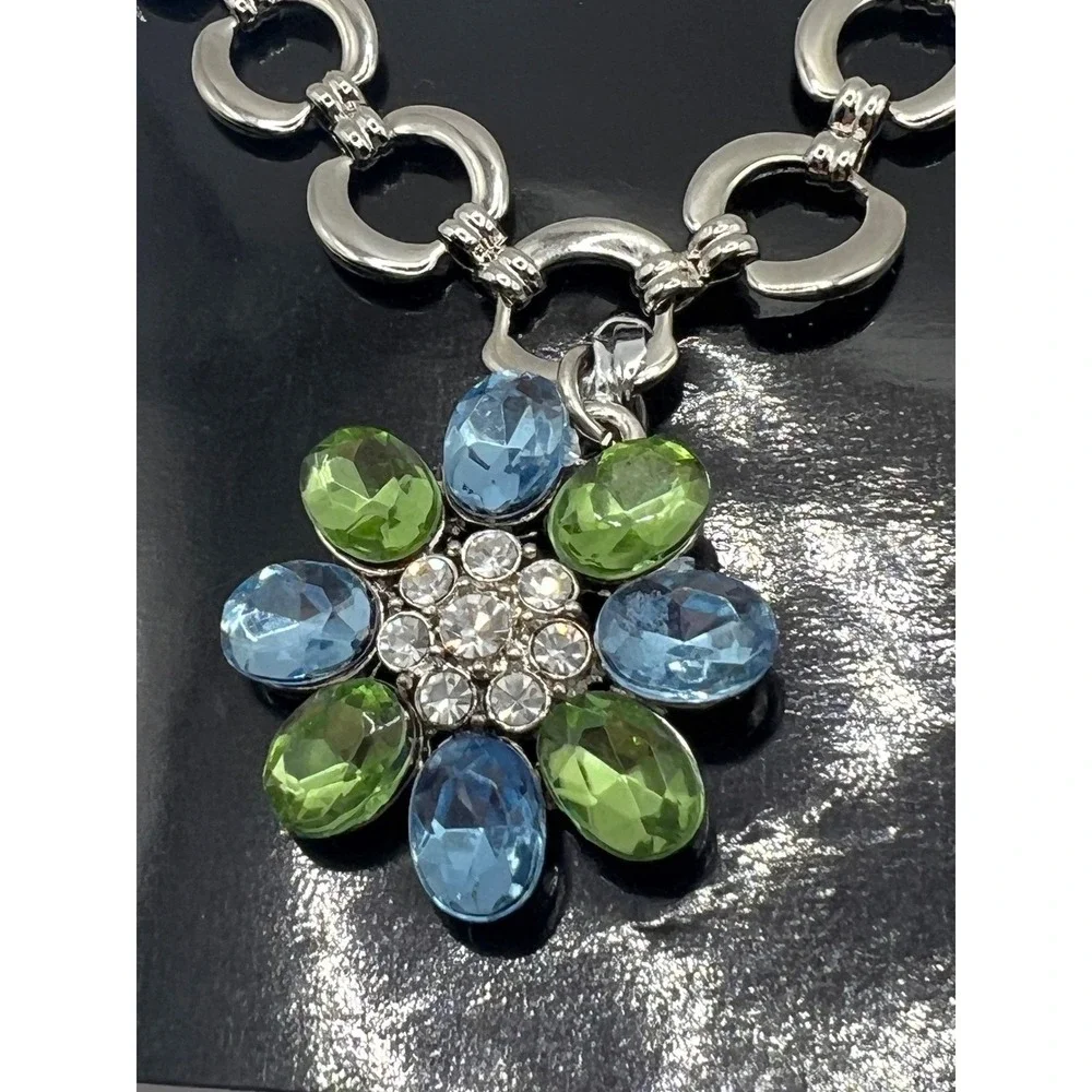 Aria Flower Charm Dog Necklace Blue Green Crystal 8–12